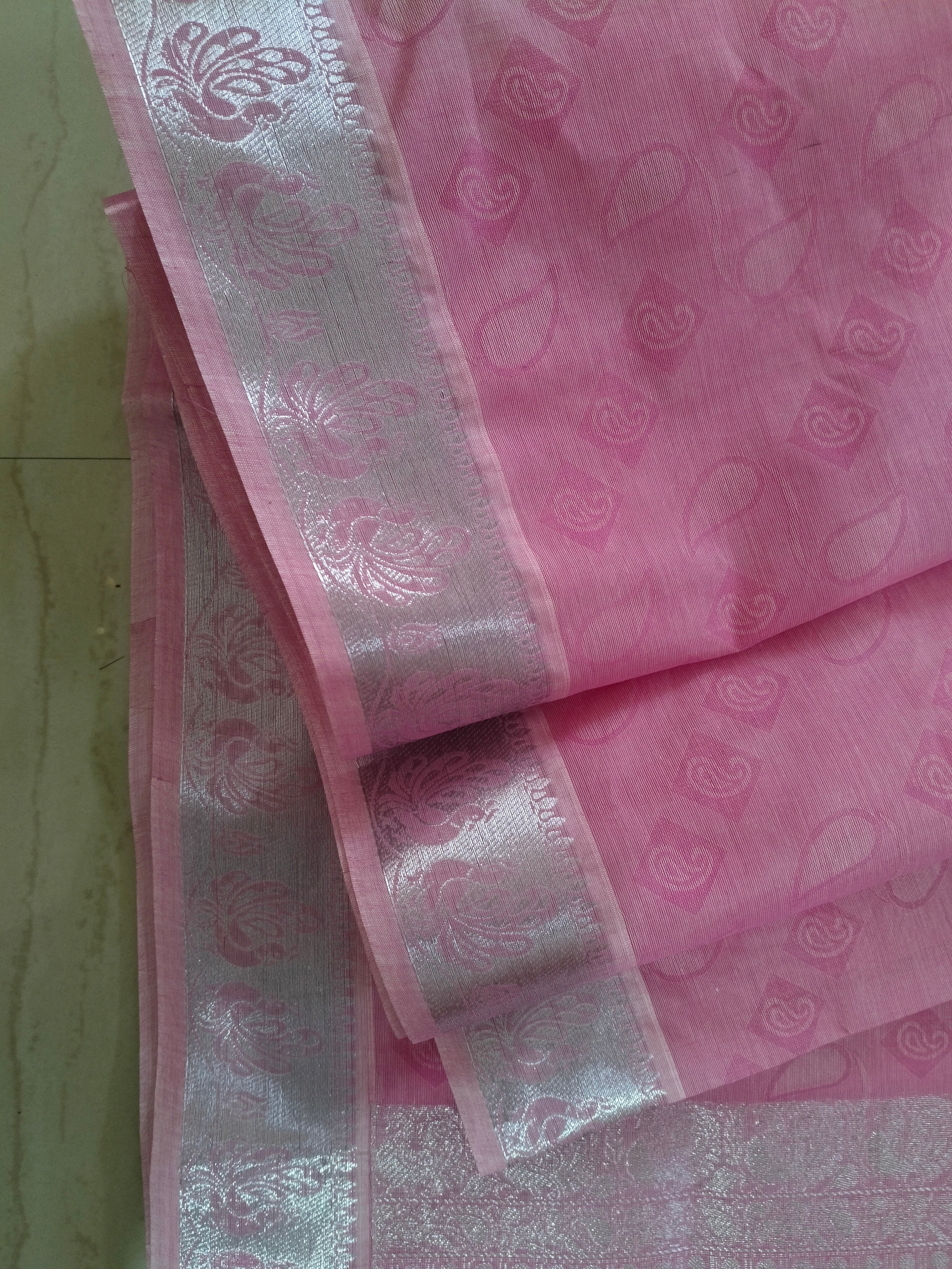 Pink embossed cotton saree silver border and silver pallu