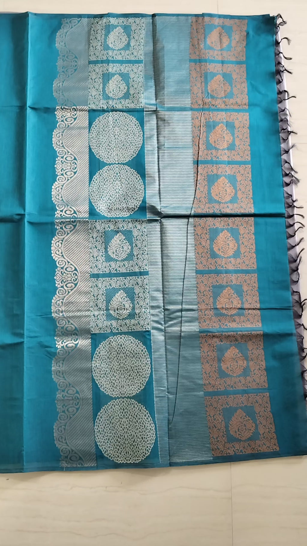 Blue cotton saree with silver & copper zari buttas