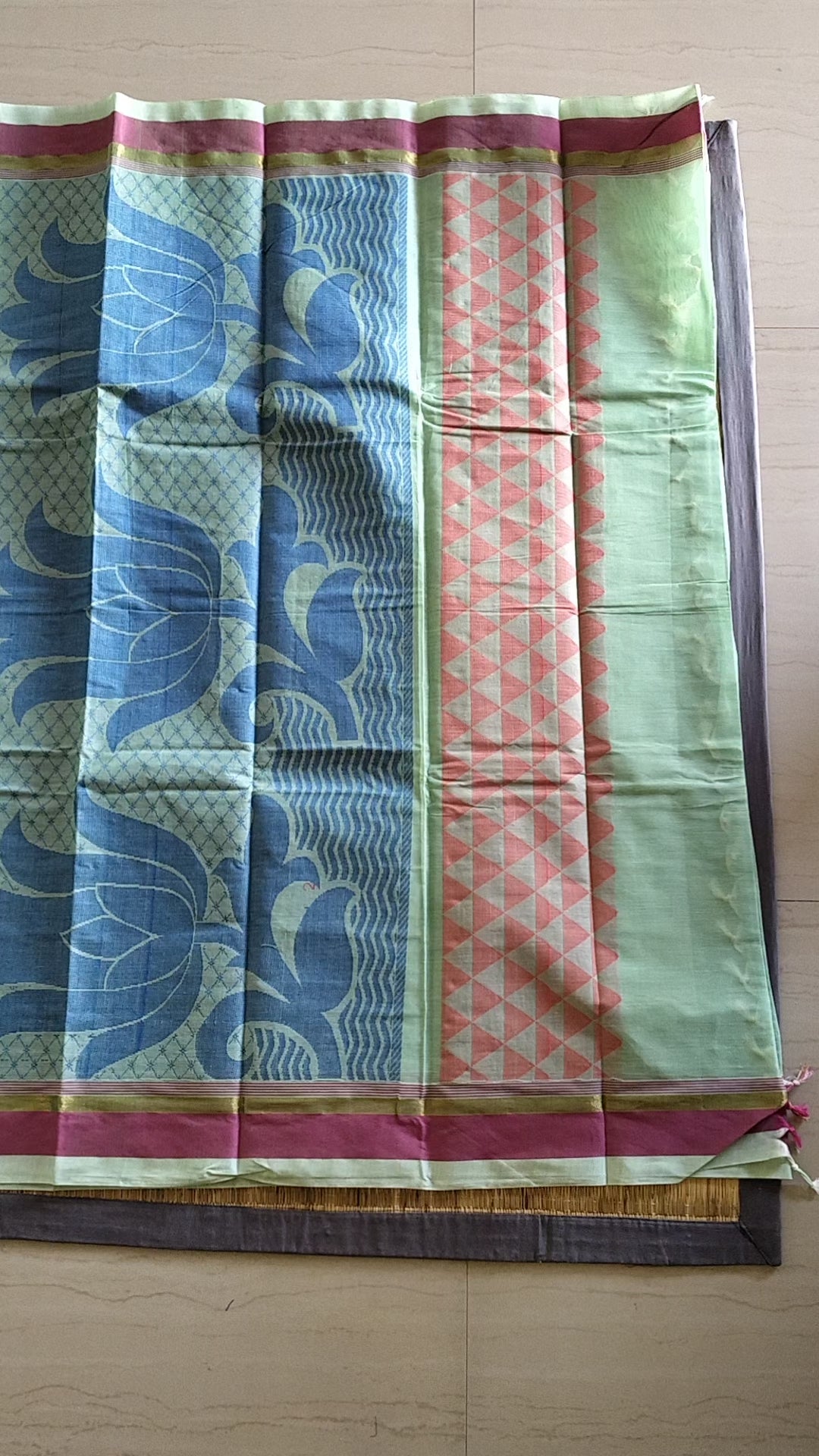 Tea green cotton saree with flower buttas
