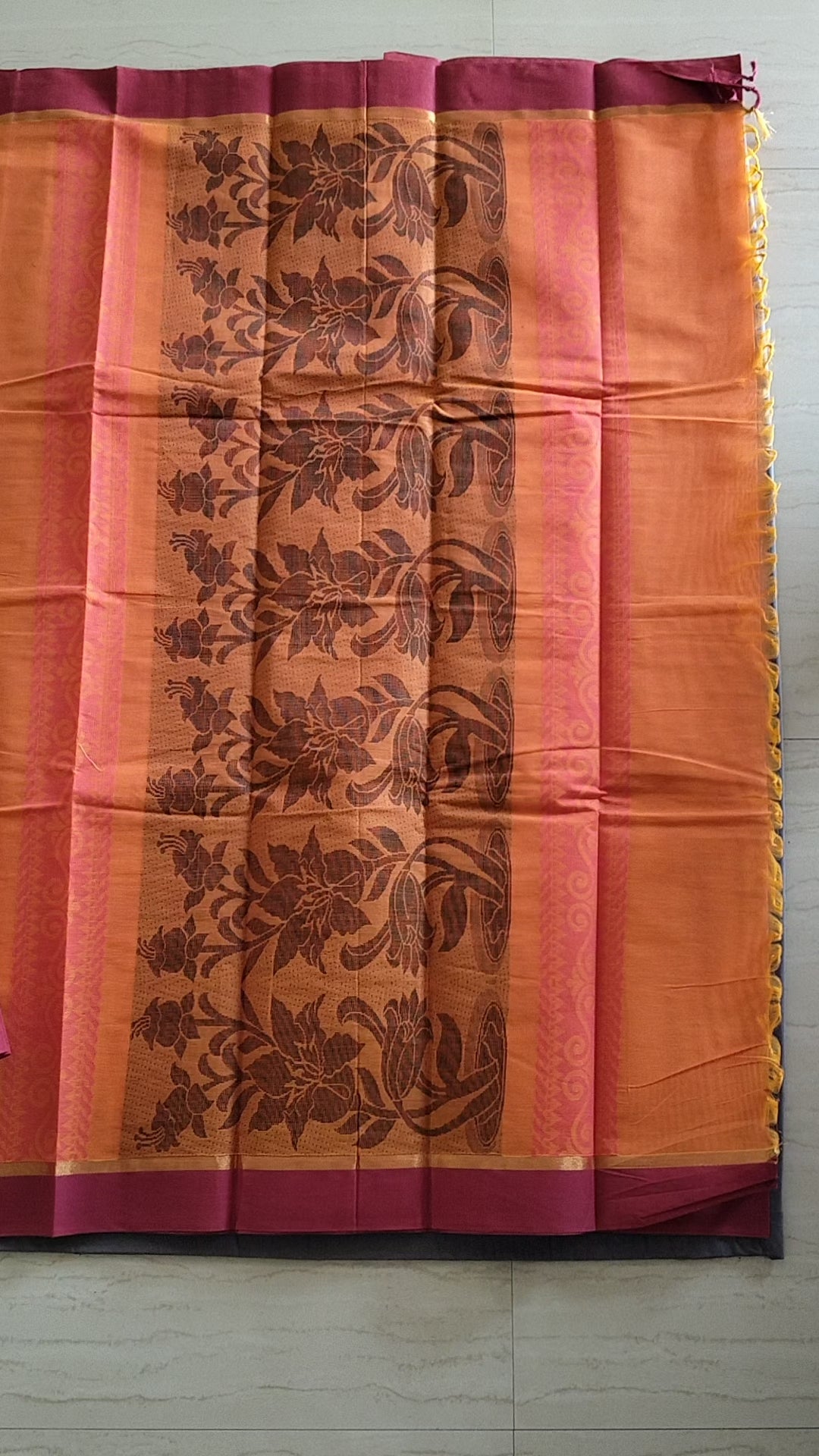 Pumpkin Orange cotton saree with black buttas