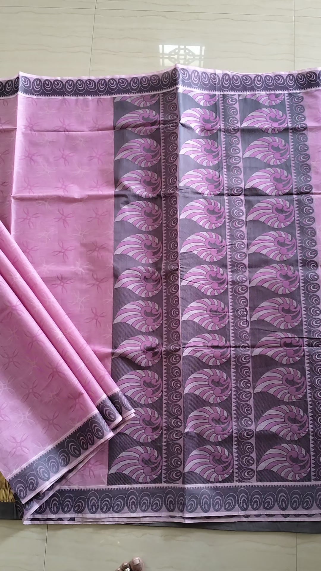 Pink cotton saree in black thread work