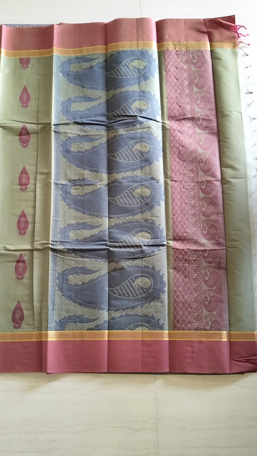 Grey Olive cotton saree with mango buttas