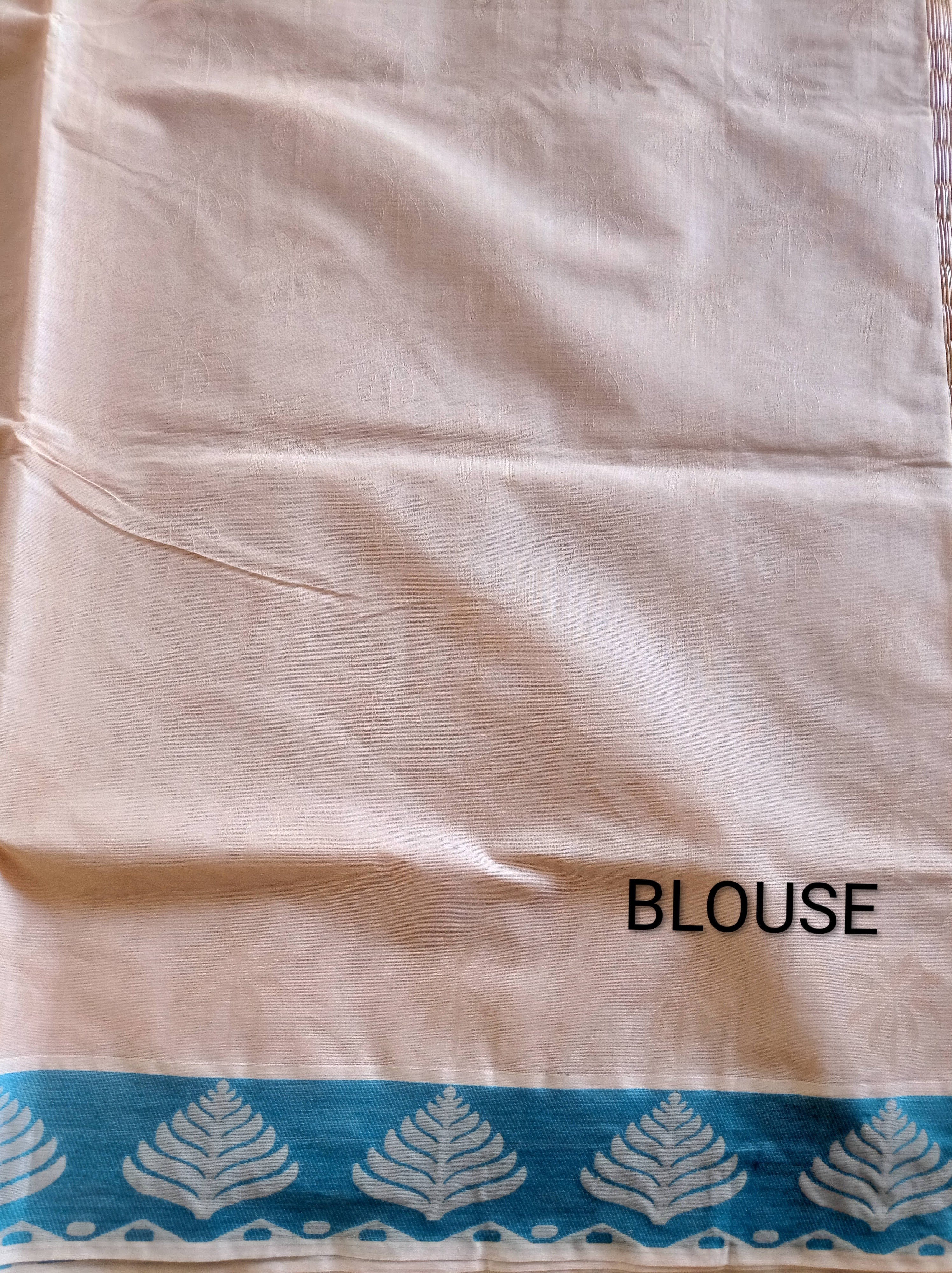 Pastel cream embossed cotton saree with blue thread work