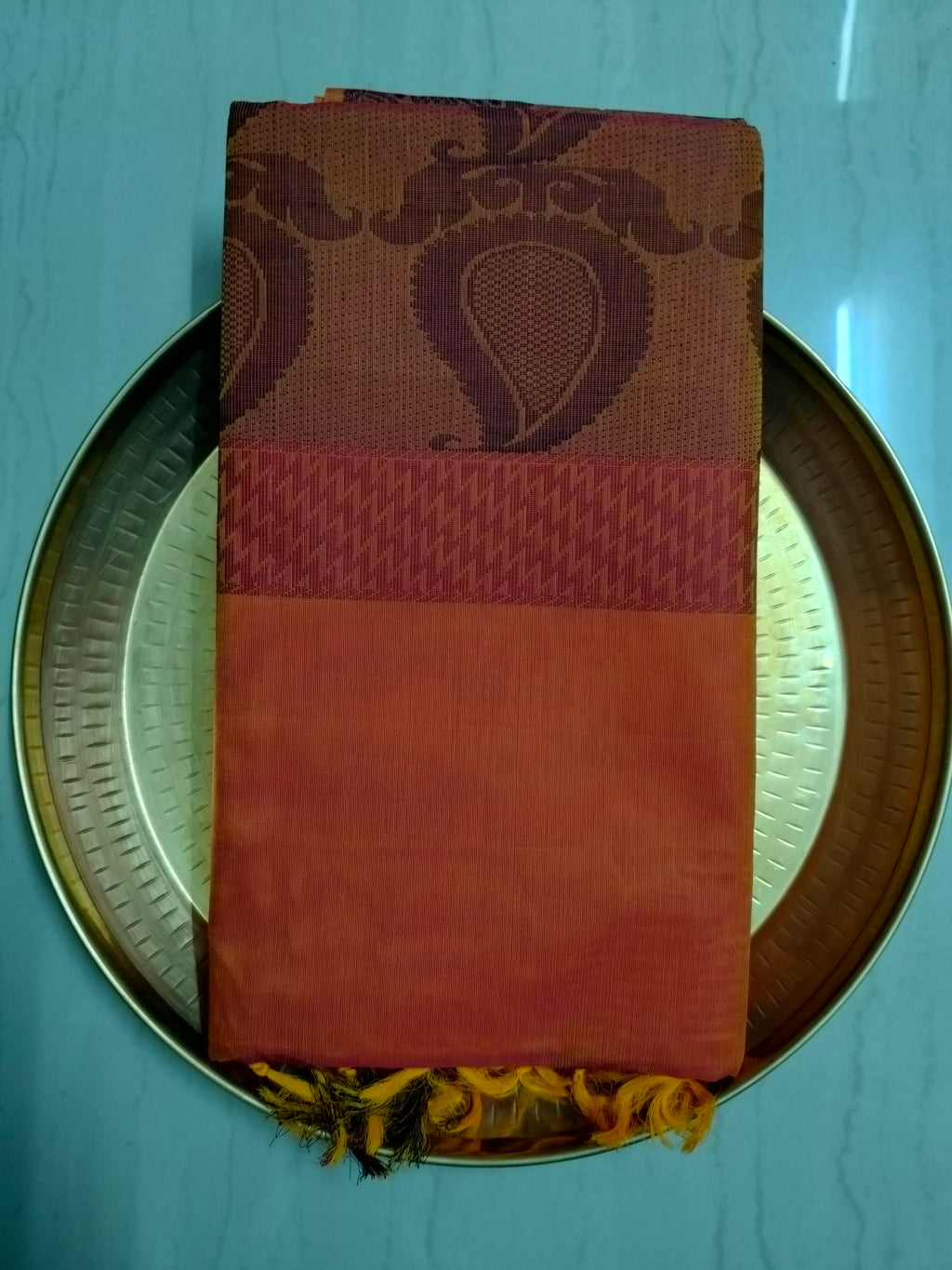 Lava Orange cotton saree with Mango buttas & unique pineapple border