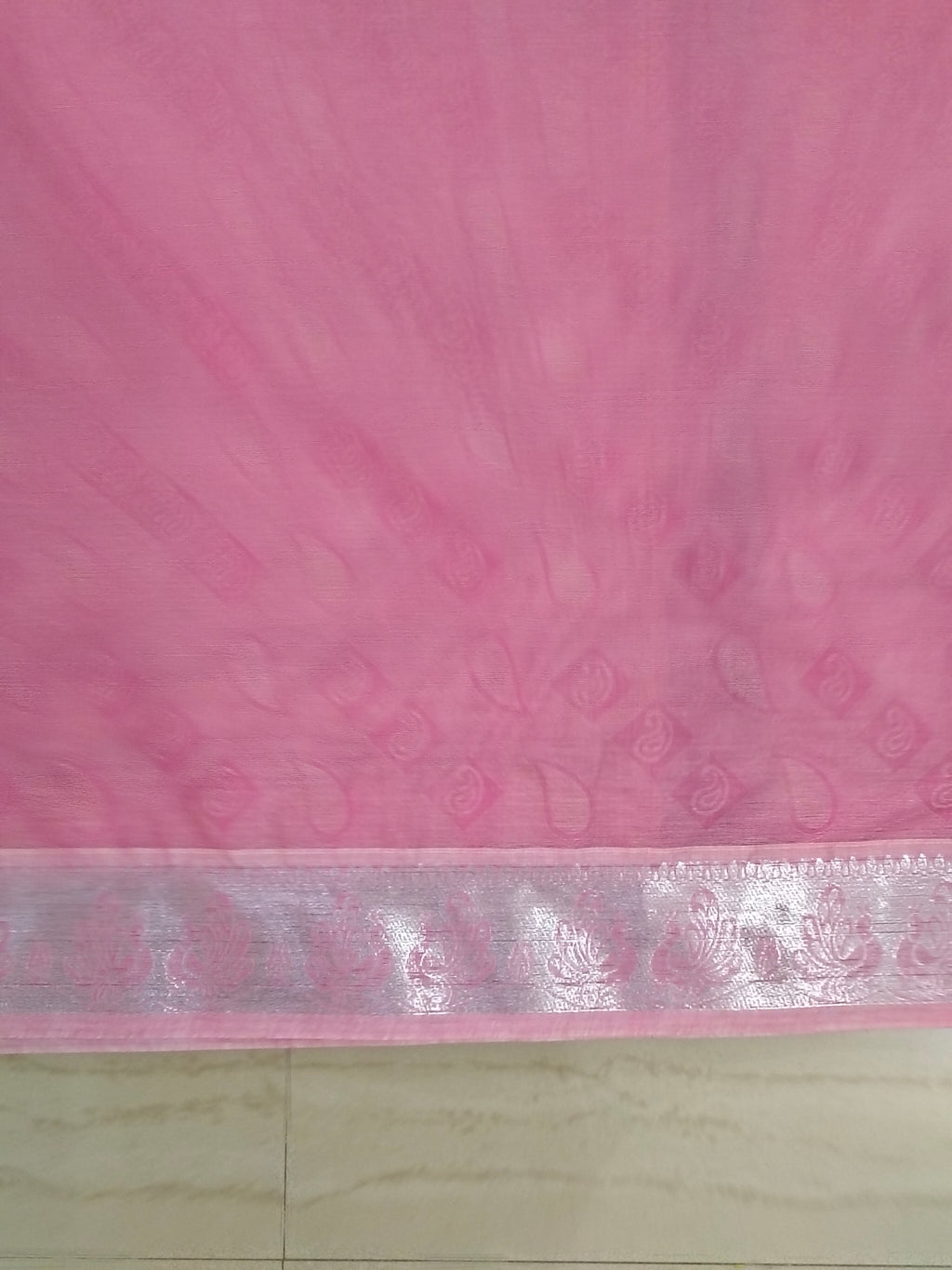 Pink embossed cotton saree silver border and silver pallu