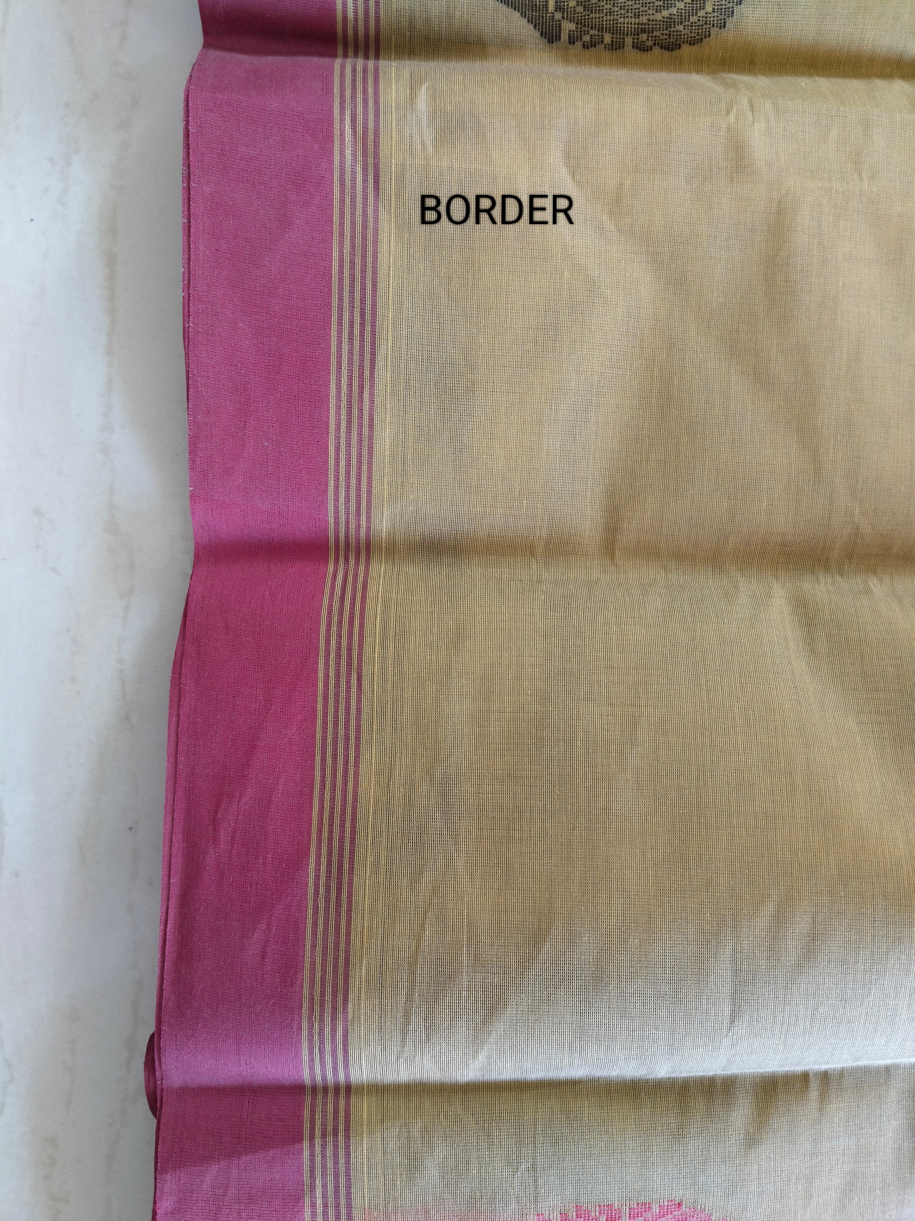 Mehandi green cotton saree with pink & black thread buttas