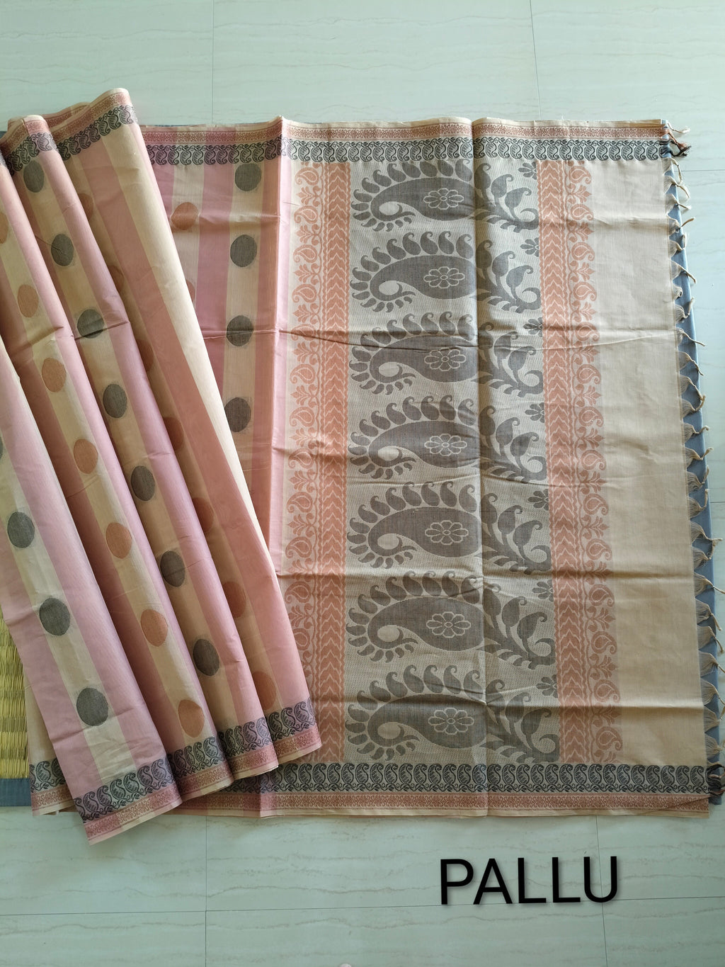 Beige and Nude pink cotton saree with buttas