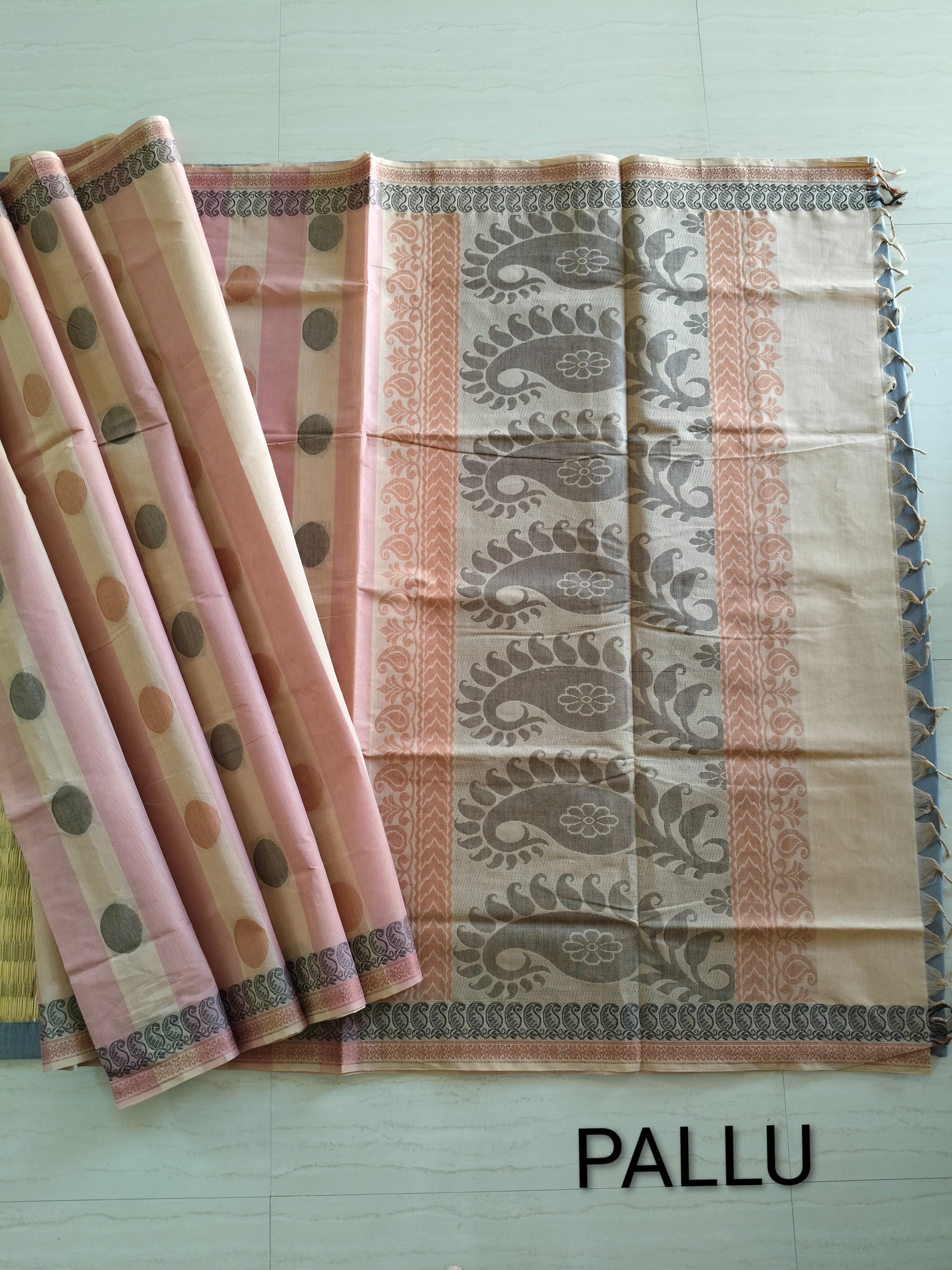 Beige and Nude pink cotton saree with buttas