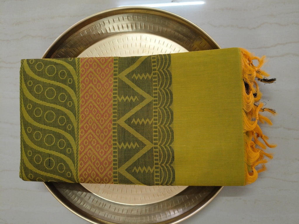 Mehandi green cotton saree with kolam buttas