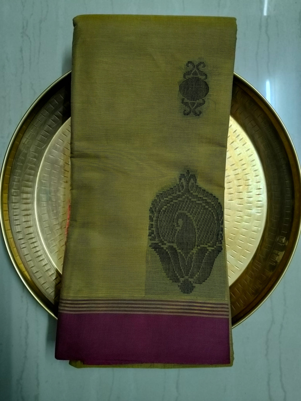 Mehandi green cotton saree with pink & black thread buttas
