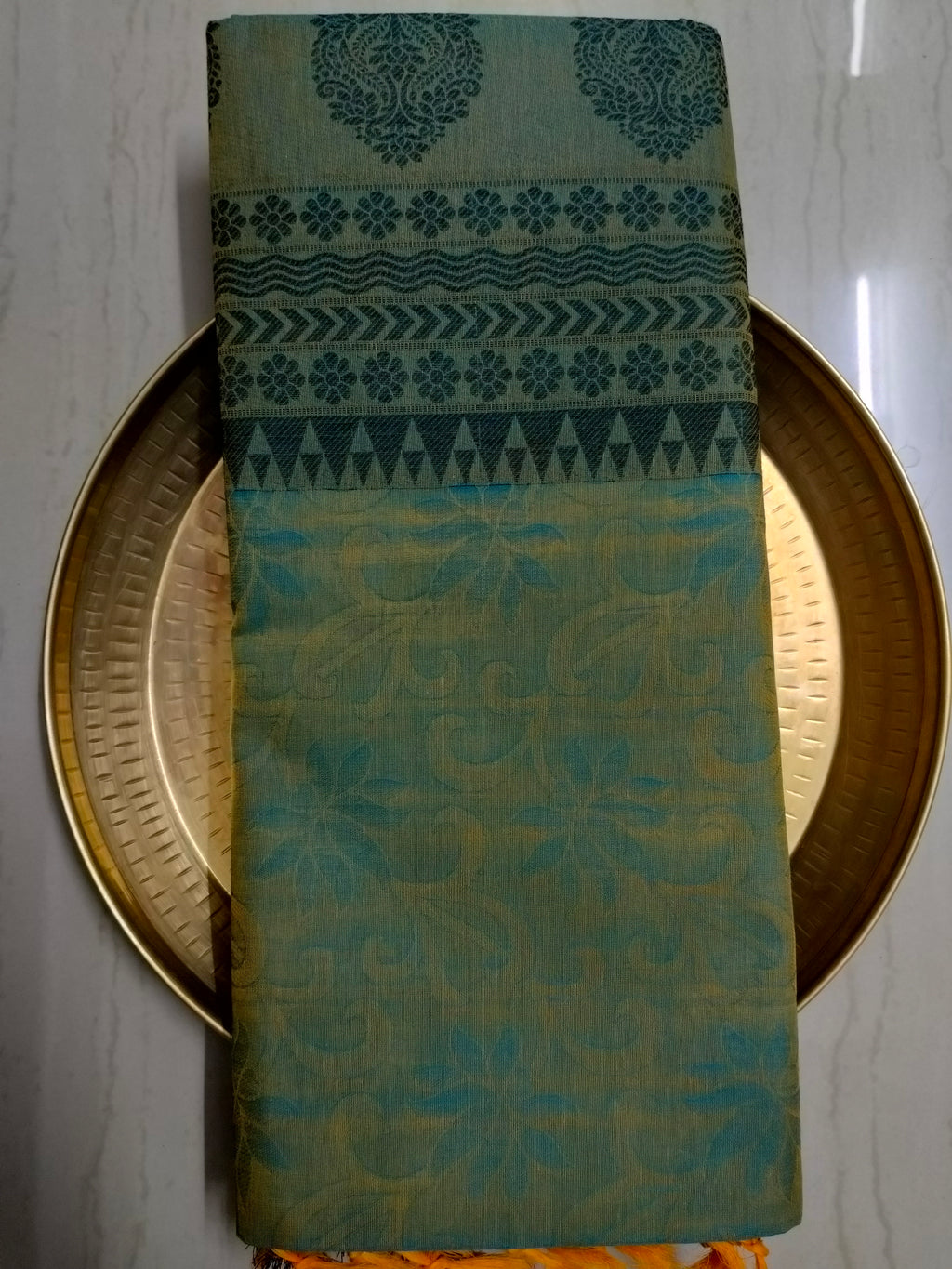 Green embossed cotton saree