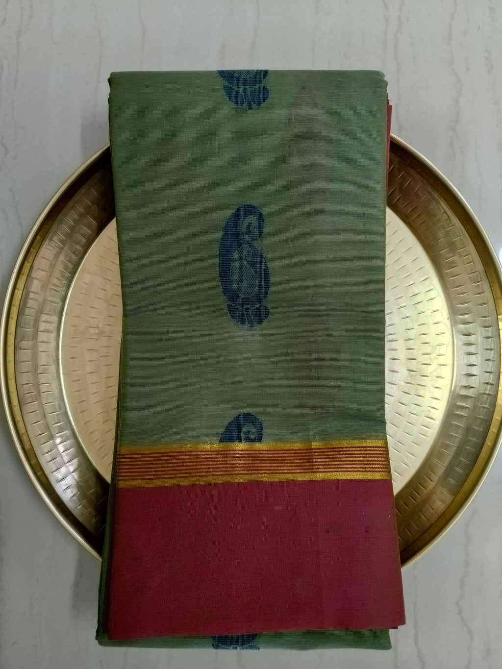 Grey Olive cotton saree with mango buttas
