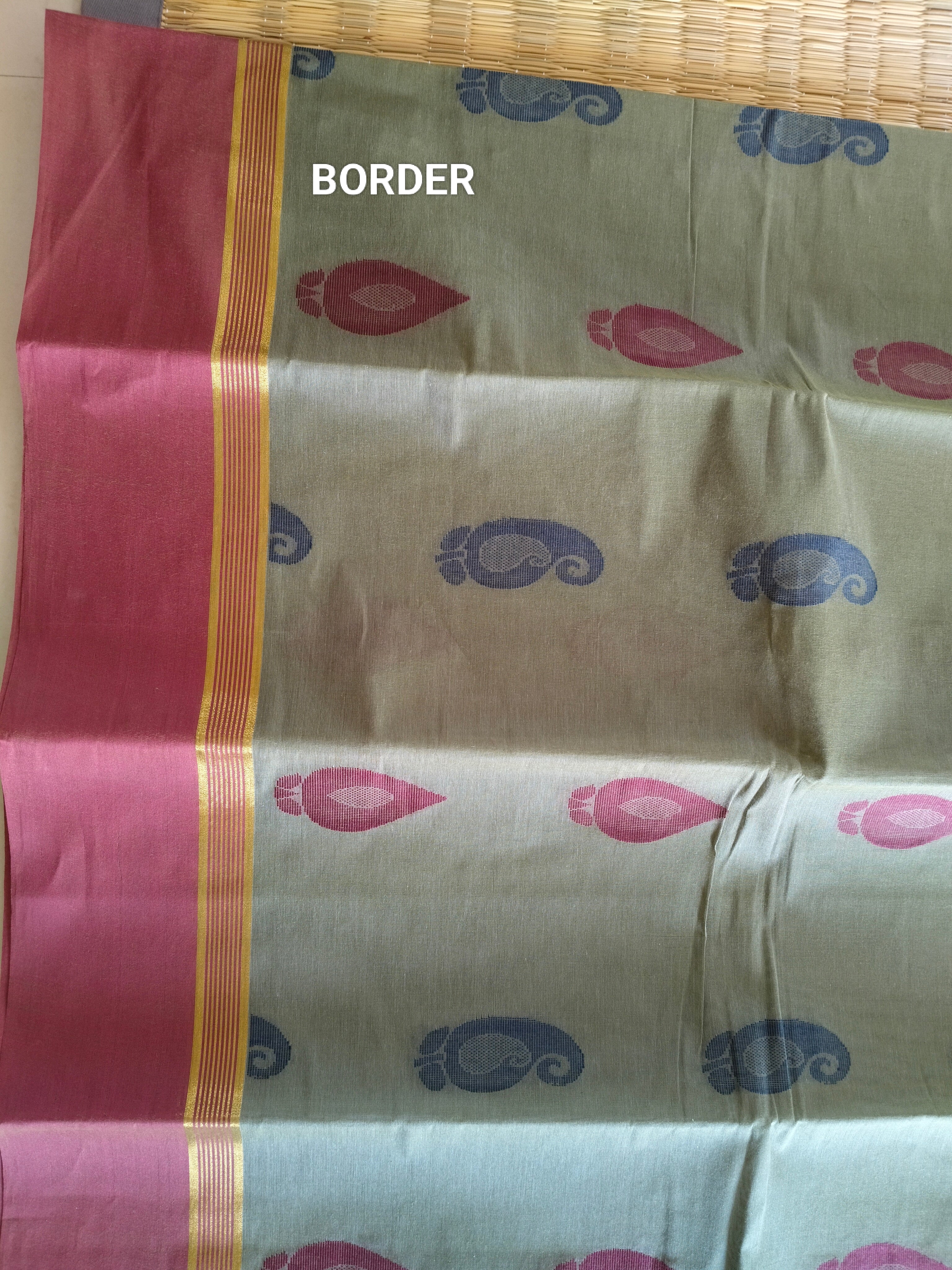 Grey Olive cotton saree with mango buttas
