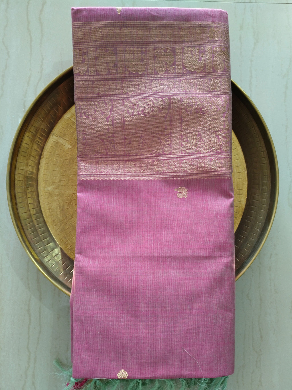 Pink golden zari cotton saree with small buttas & intricate pallu