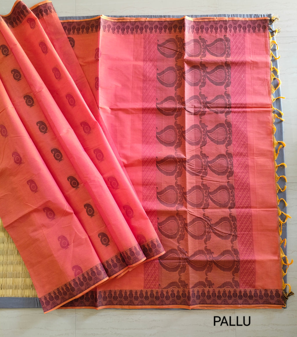 Lava Orange cotton saree with Mango buttas & unique pineapple border