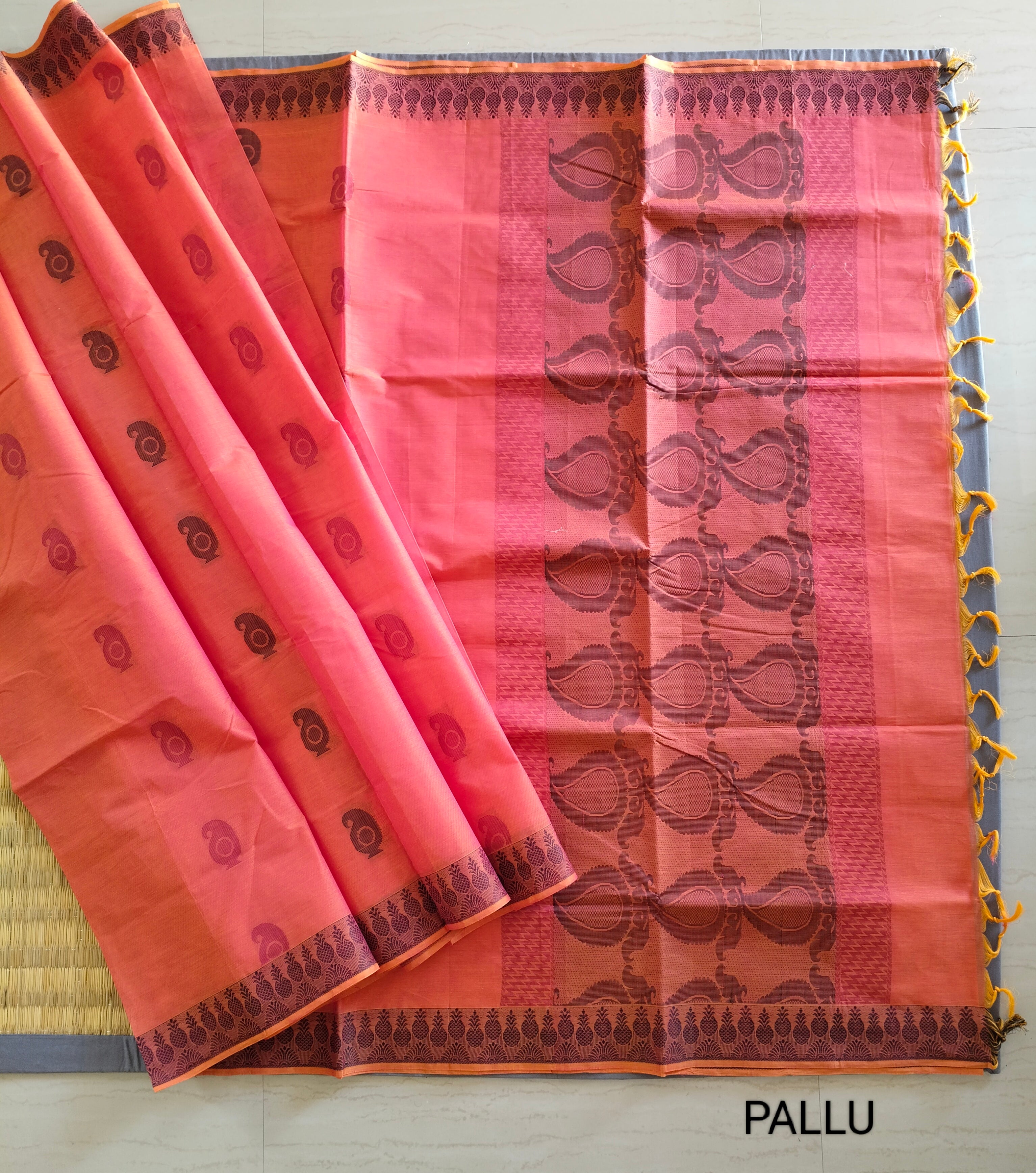 Lava Orange cotton saree with Mango buttas & unique pineapple border