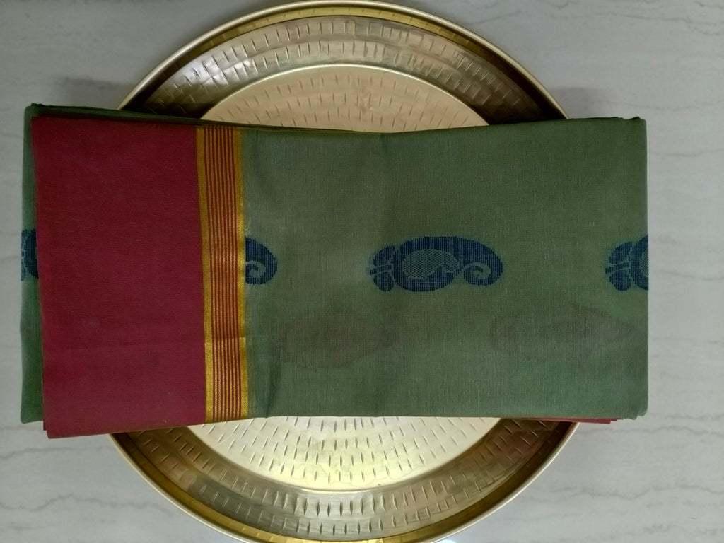 Grey Olive cotton saree with mango buttas
