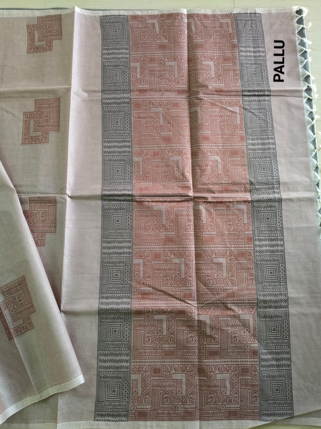 Almond pink cotton saree with square buttas