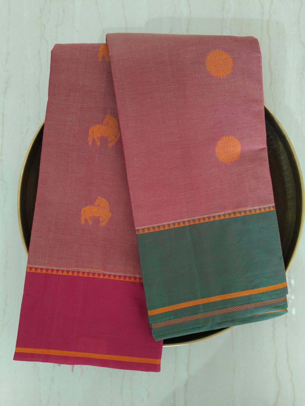 Deep Salmon cotton saree with horse & rudhrasham and ganga jamuna border