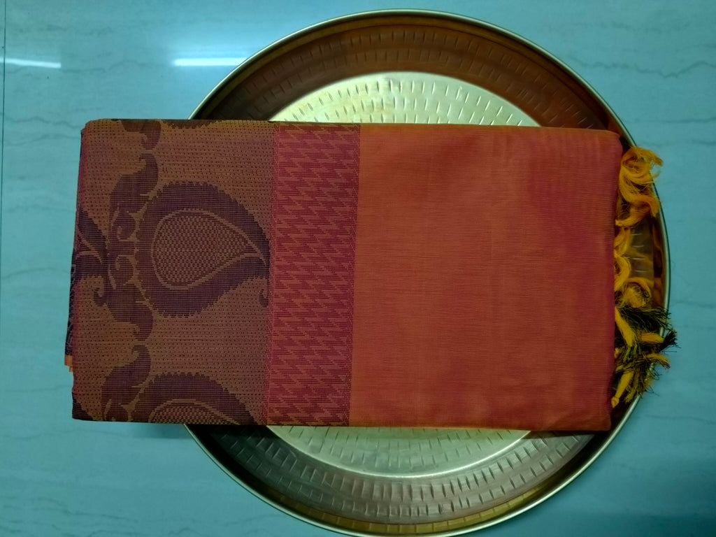 Lava Orange cotton saree with Mango buttas & unique pineapple border