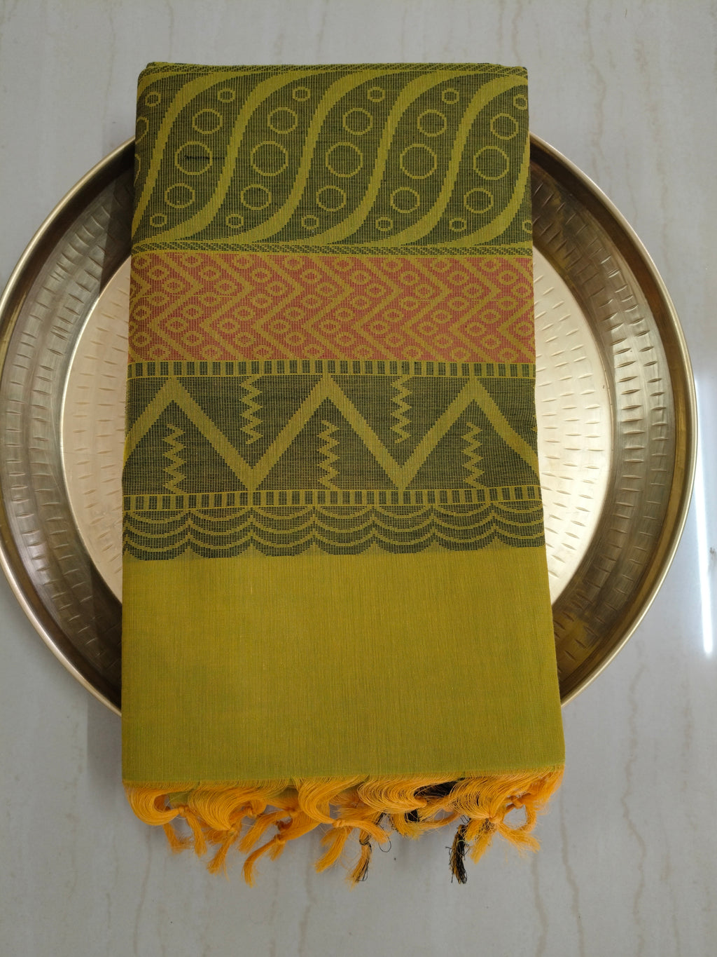 Mehandi green cotton saree with kolam buttas