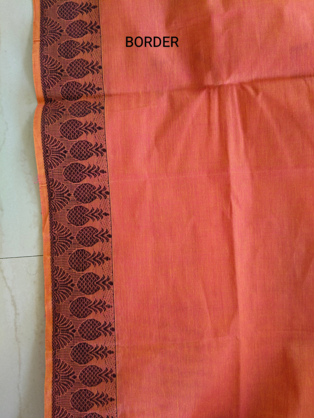 Lava Orange cotton saree with Mango buttas & unique pineapple border