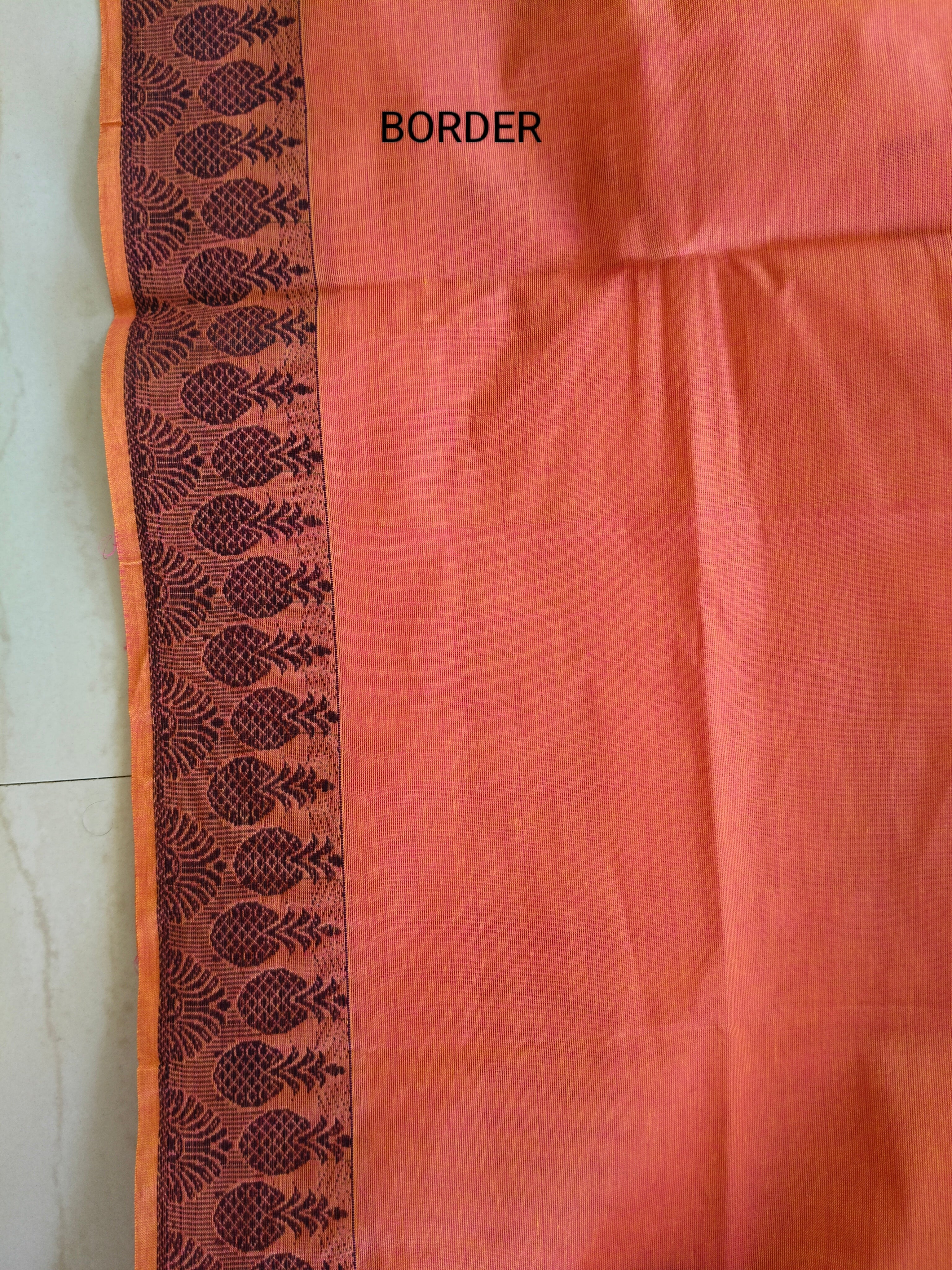Lava Orange cotton saree with Mango buttas & unique pineapple border