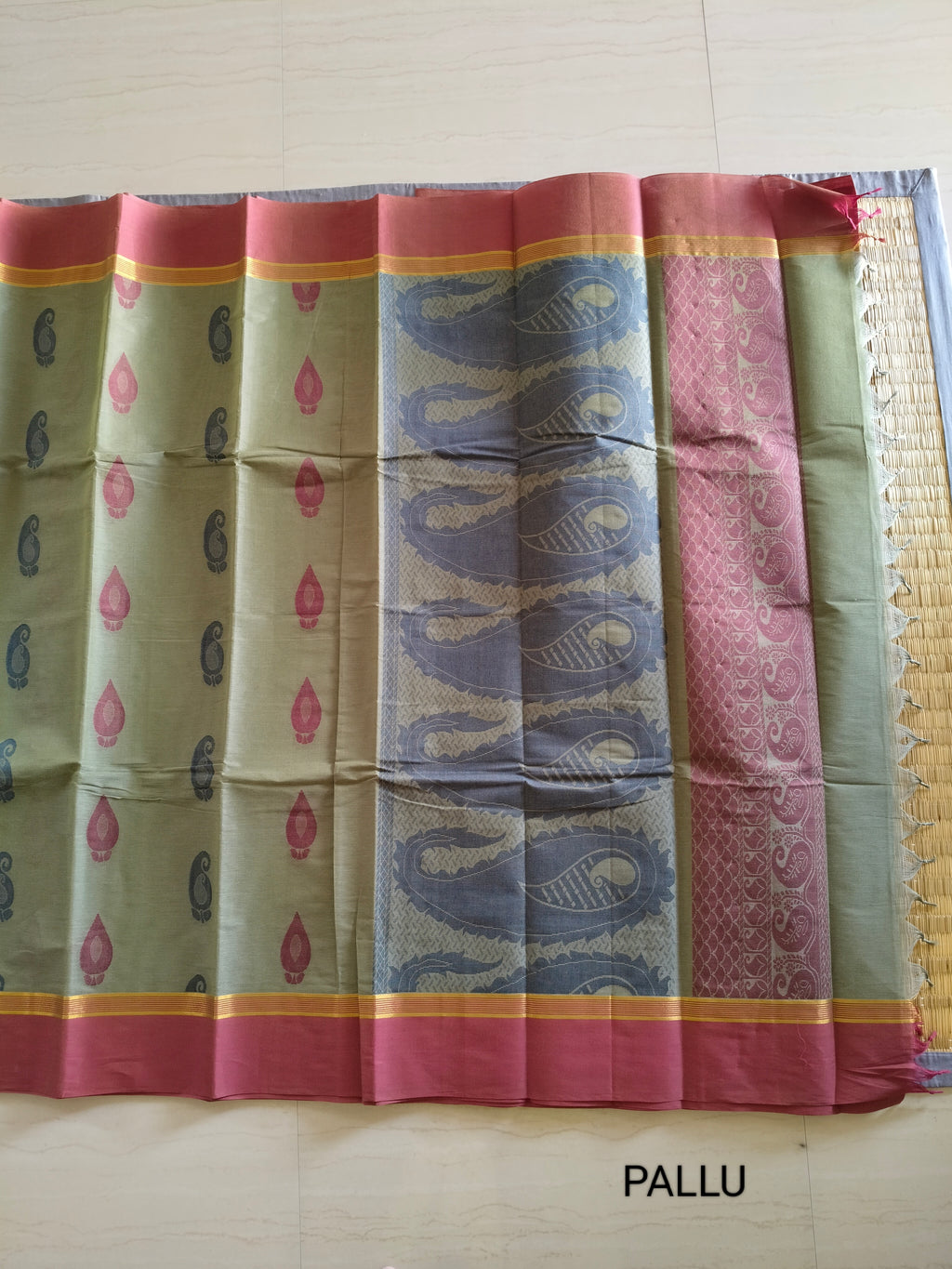 Grey Olive cotton saree with mango buttas