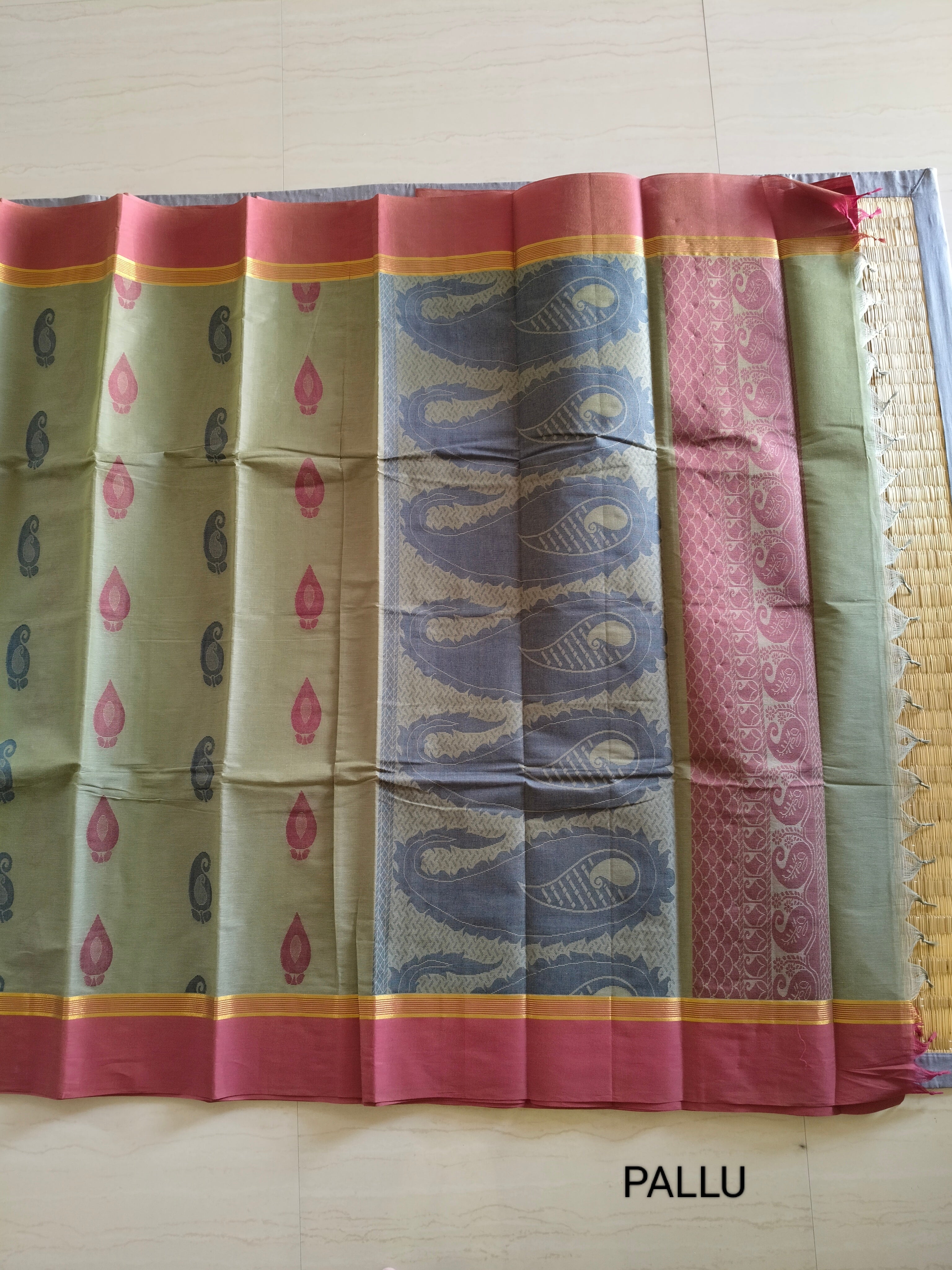 Grey Olive cotton saree with mango buttas