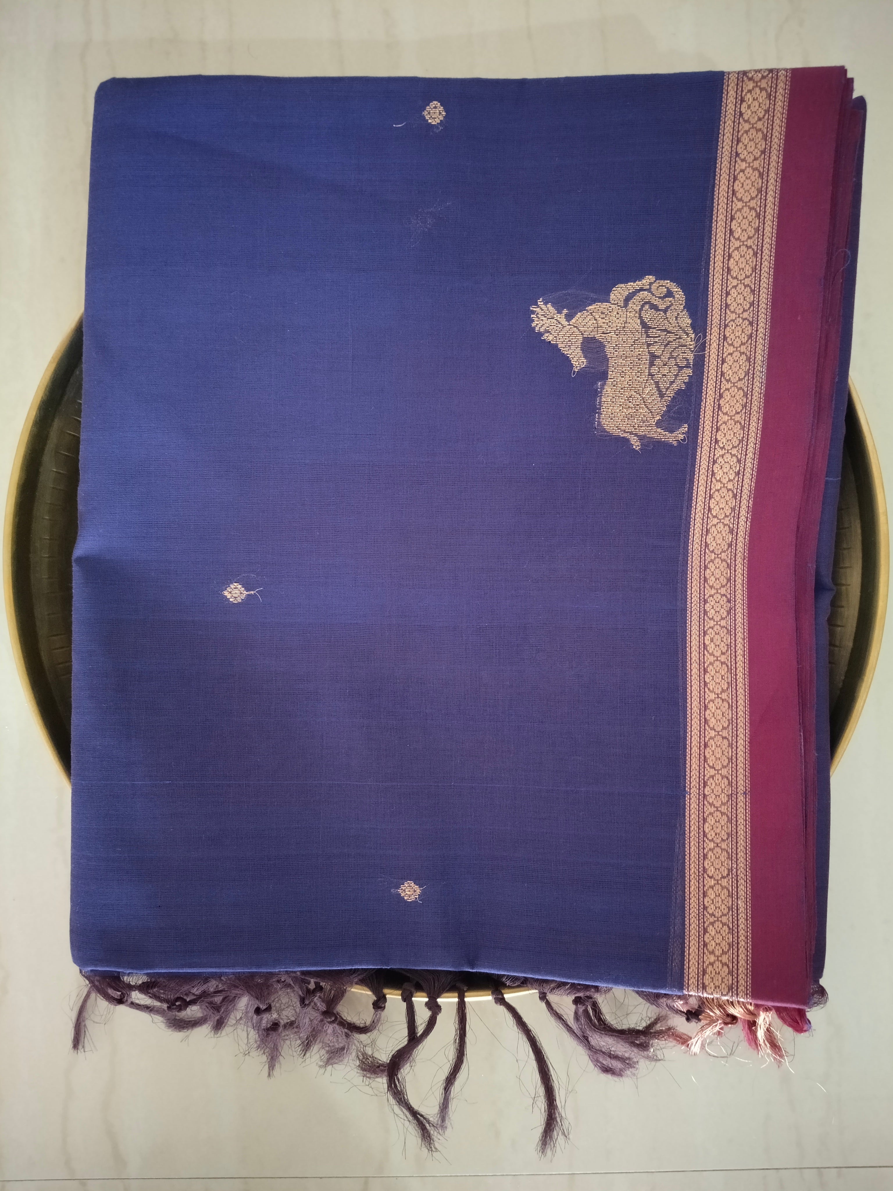 Blue golden zari cotton saree with small buttas & grand pallu