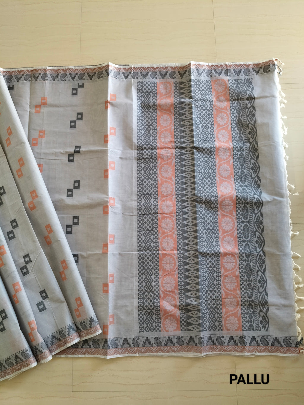 Grey cotton saree with square buttas