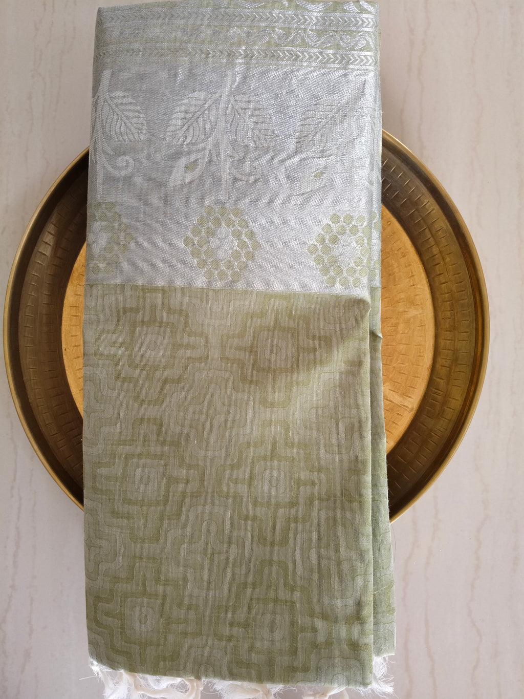Fresh Olive colour cotton saree with silver border and silver pallu