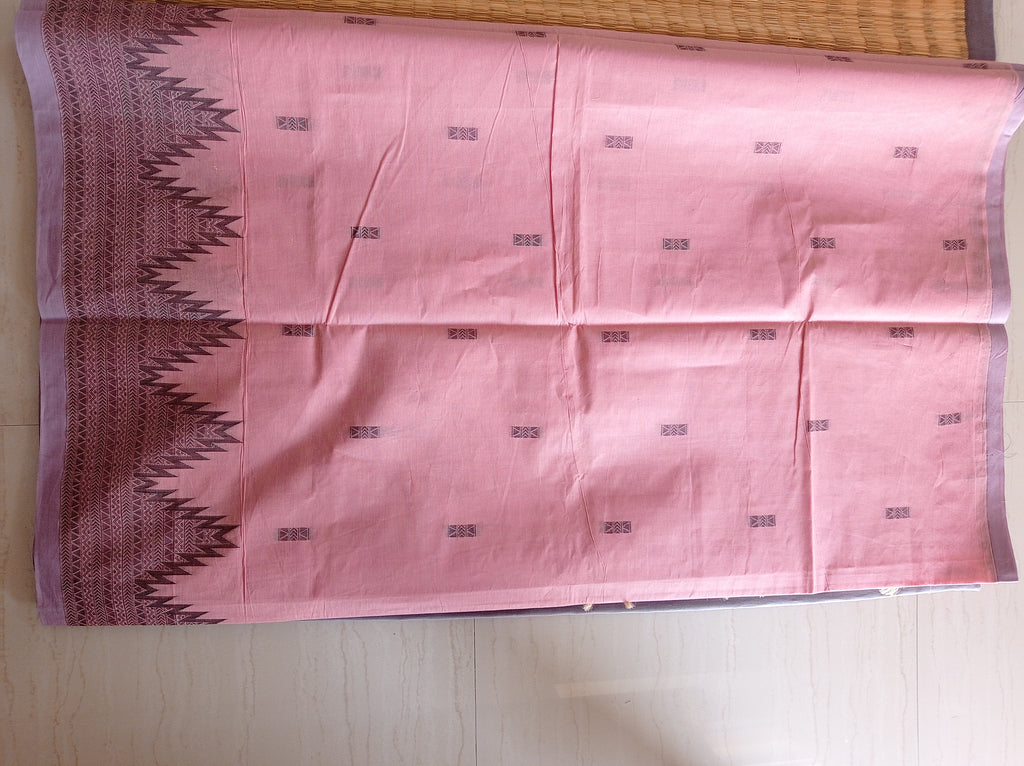 Pastel pink cotton saree with black buttas & one side temple border