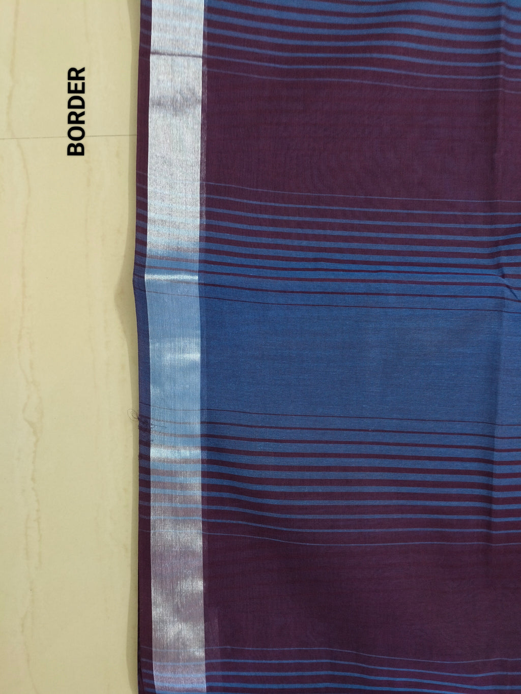 Blue cotton saree with Maroon stripes pattern and silver zari