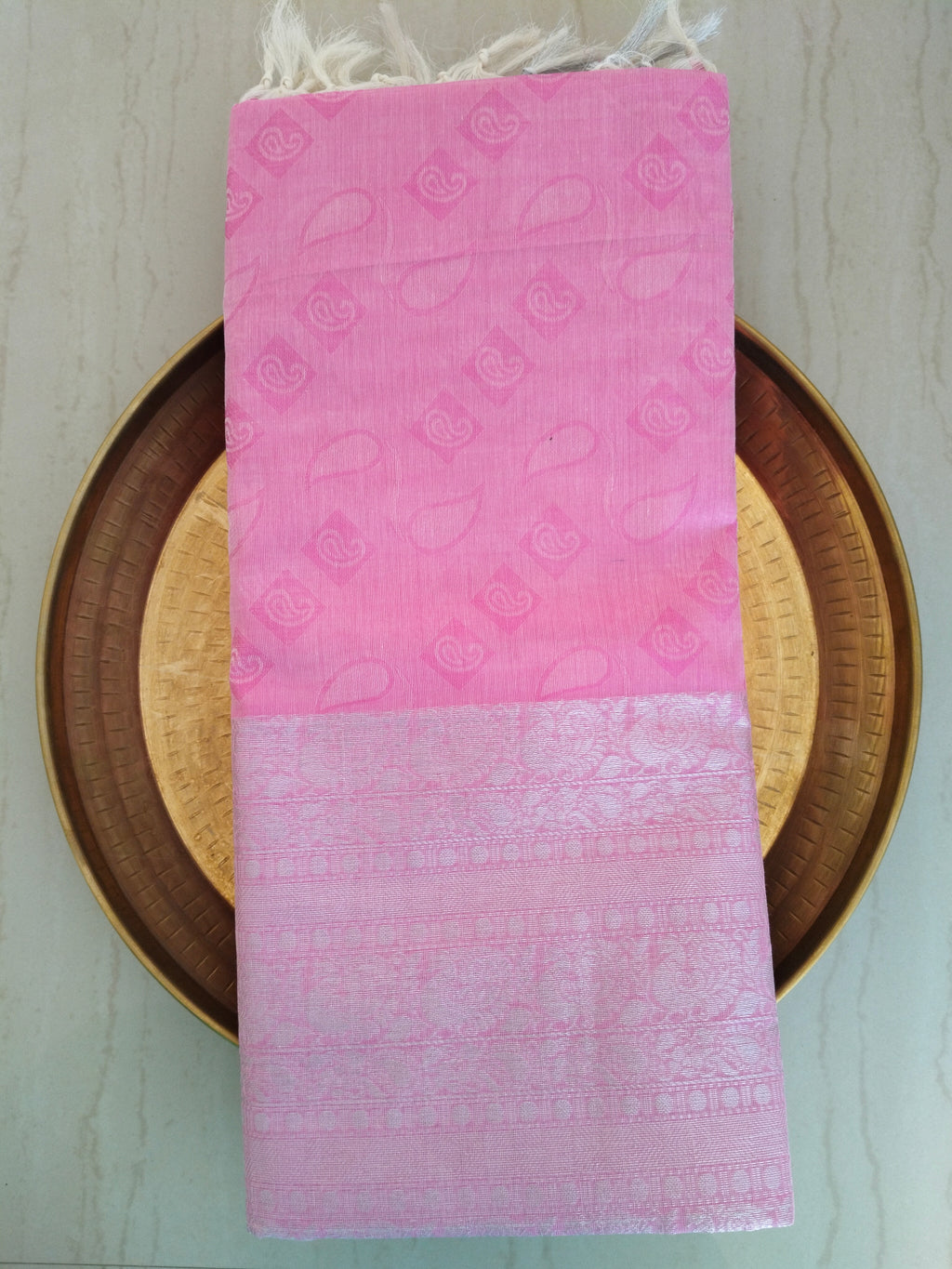Pink embossed cotton saree silver border and silver pallu