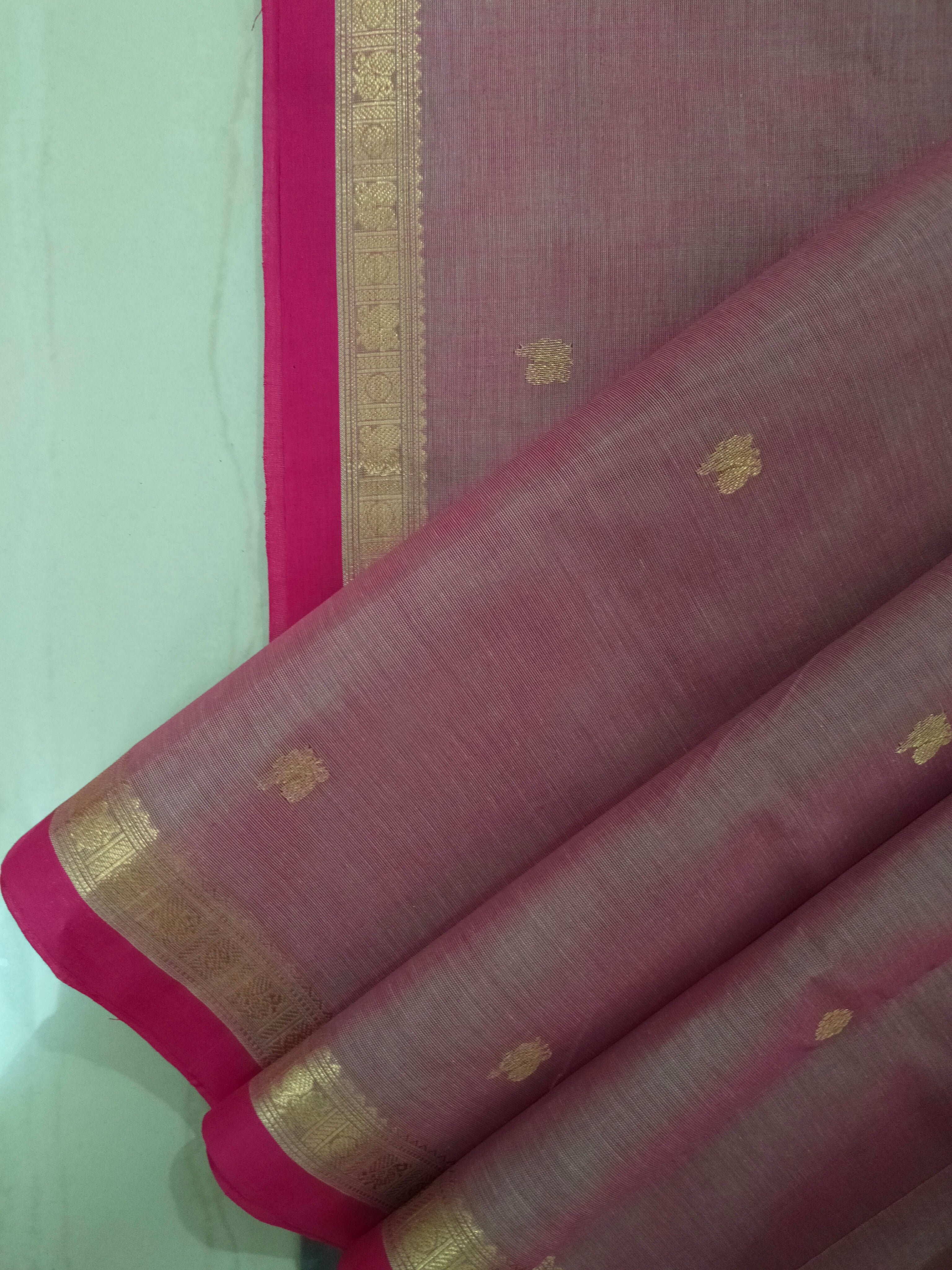 Pink golden zari cotton saree with small buttas & intricate pallu
