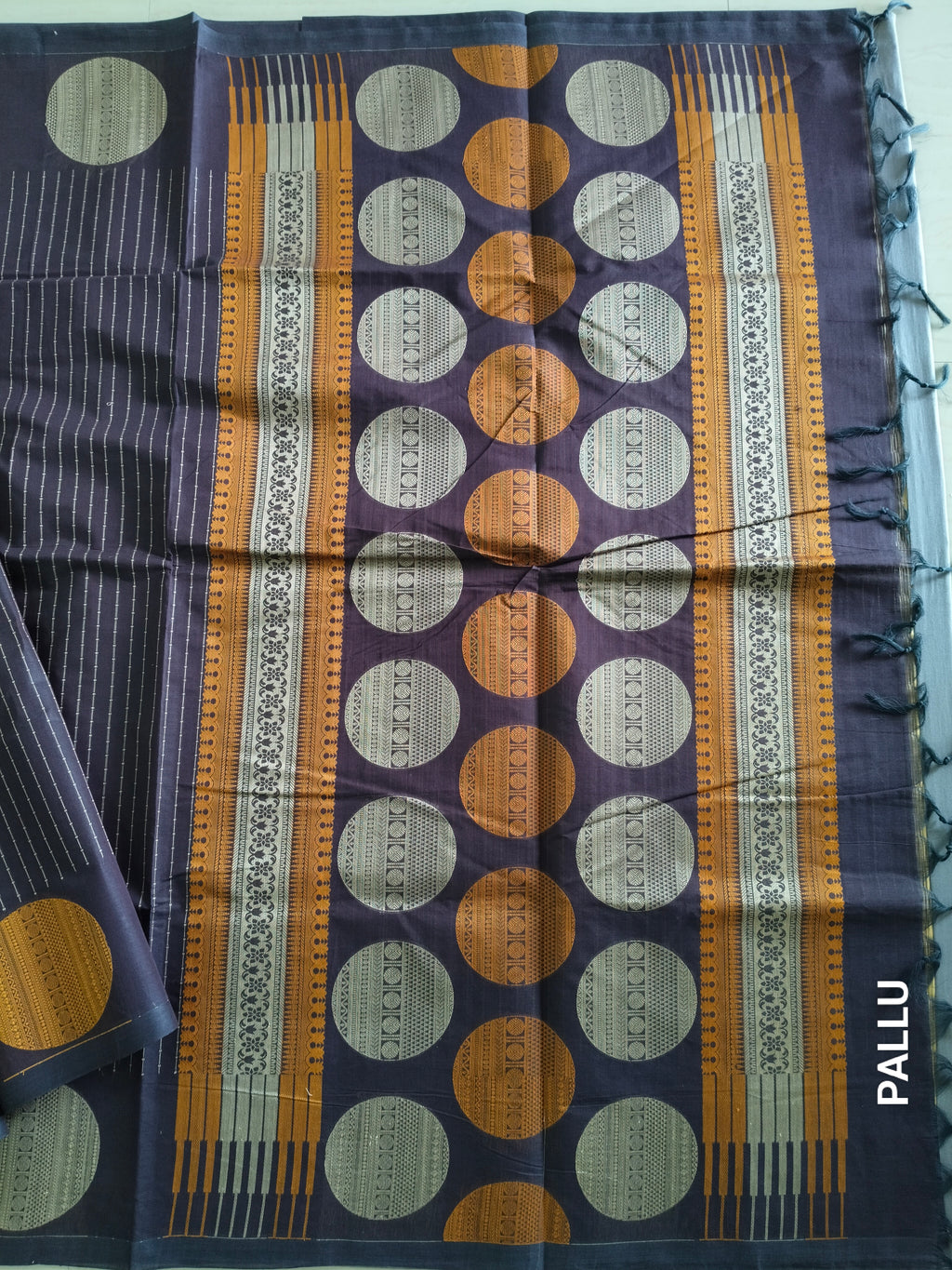 Coffee brown cotton saree with white vertical thread embroidery & rudhrashams in the border