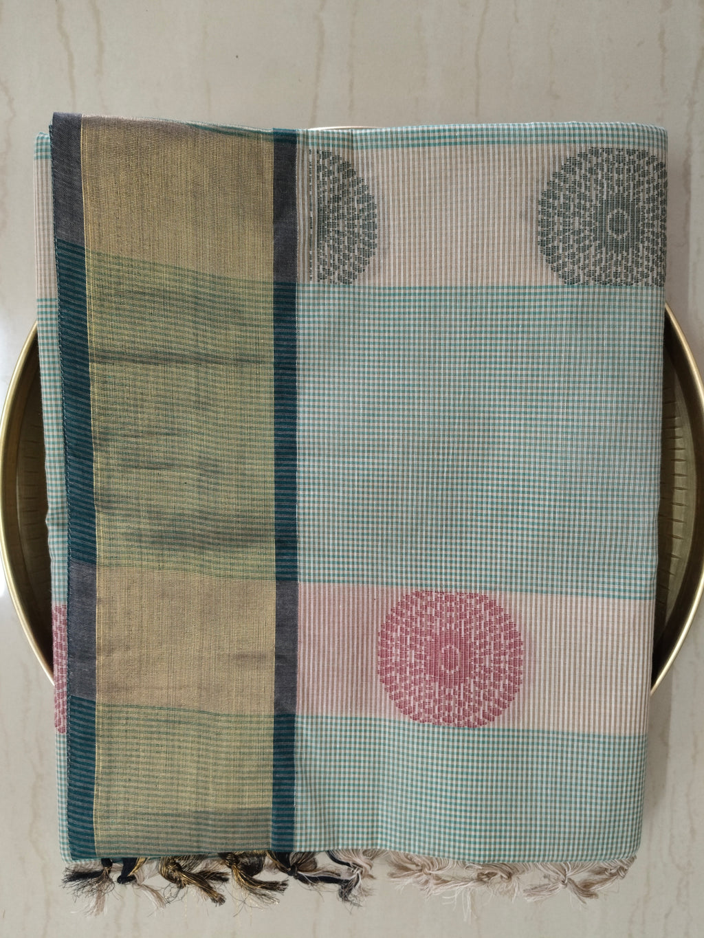 Green podi kattam & bisque beige cotton saree with zari border