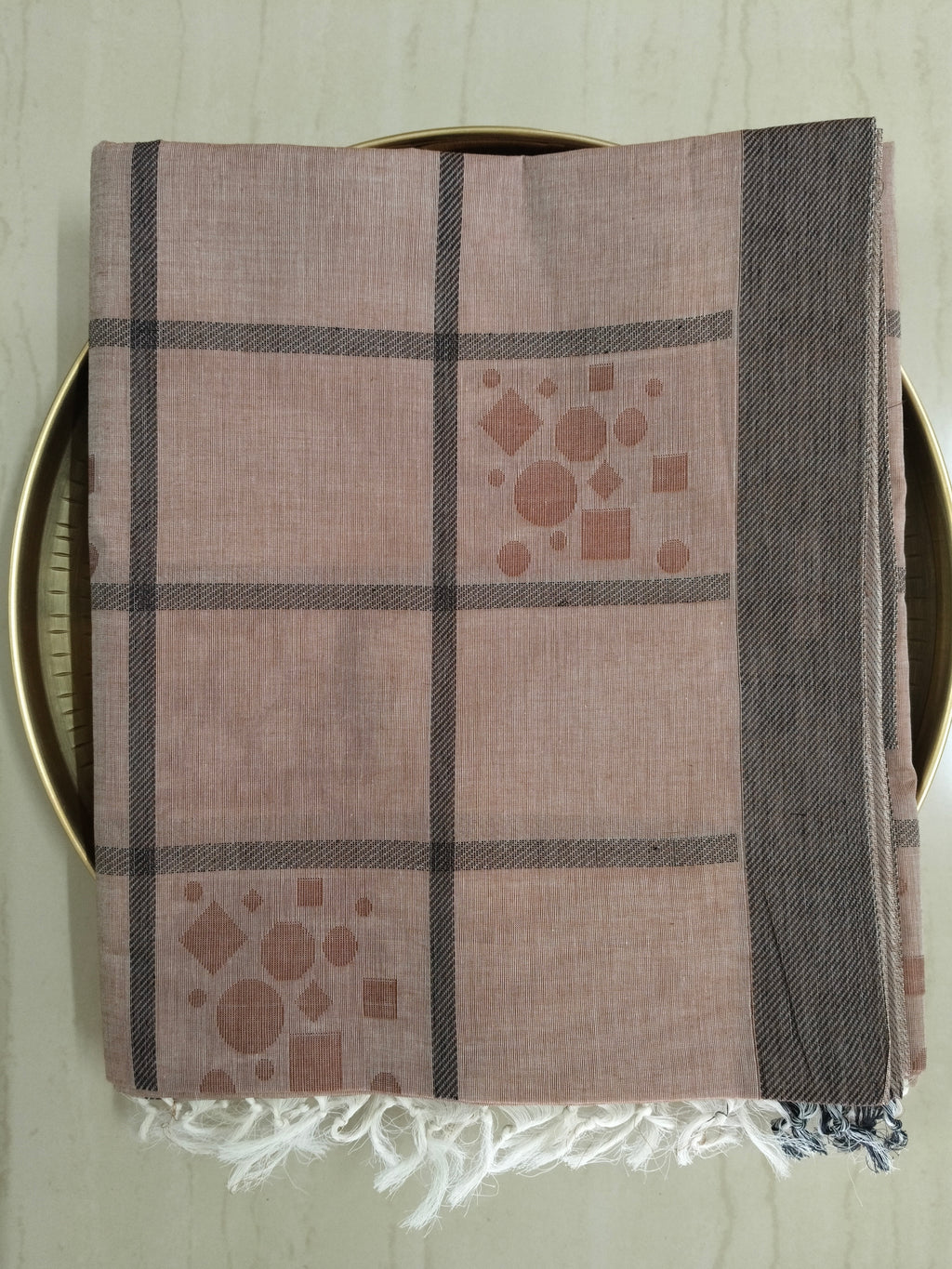 Latte beige checked cotton saree