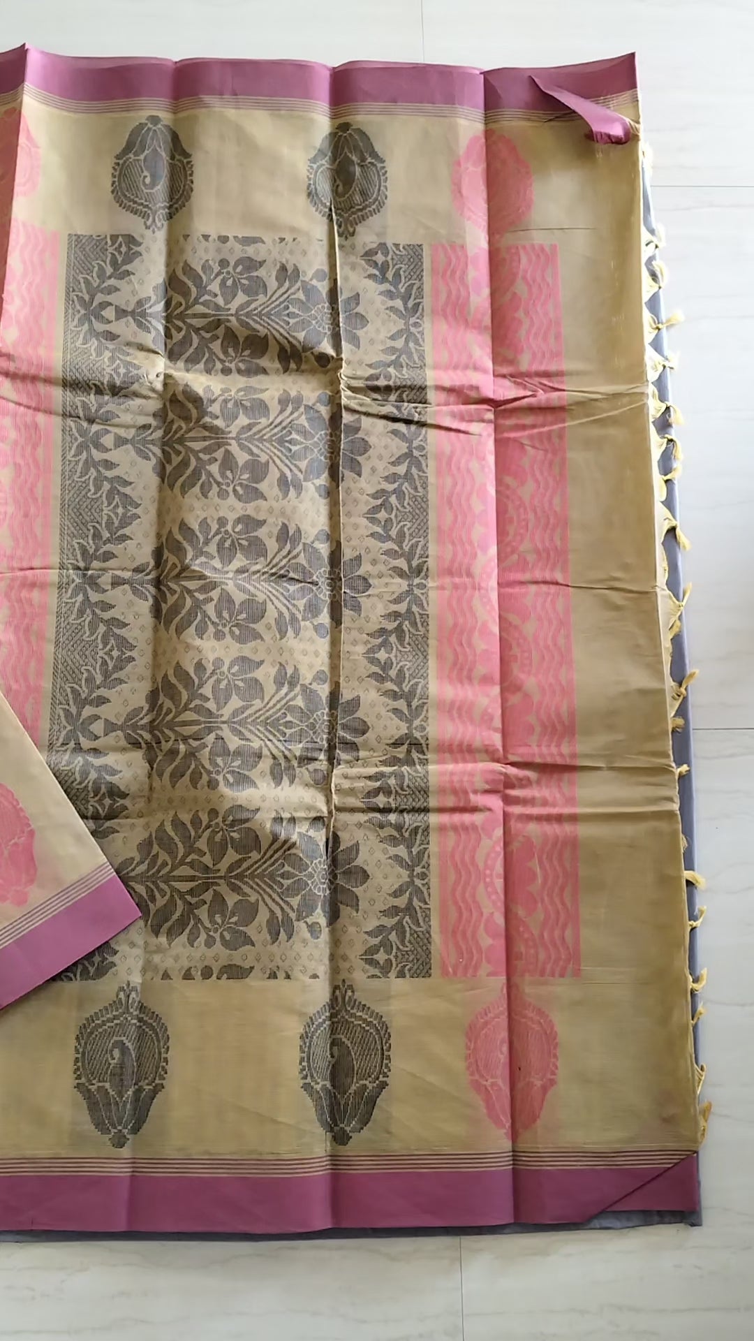 Mehandi green cotton saree with pink & black thread buttas