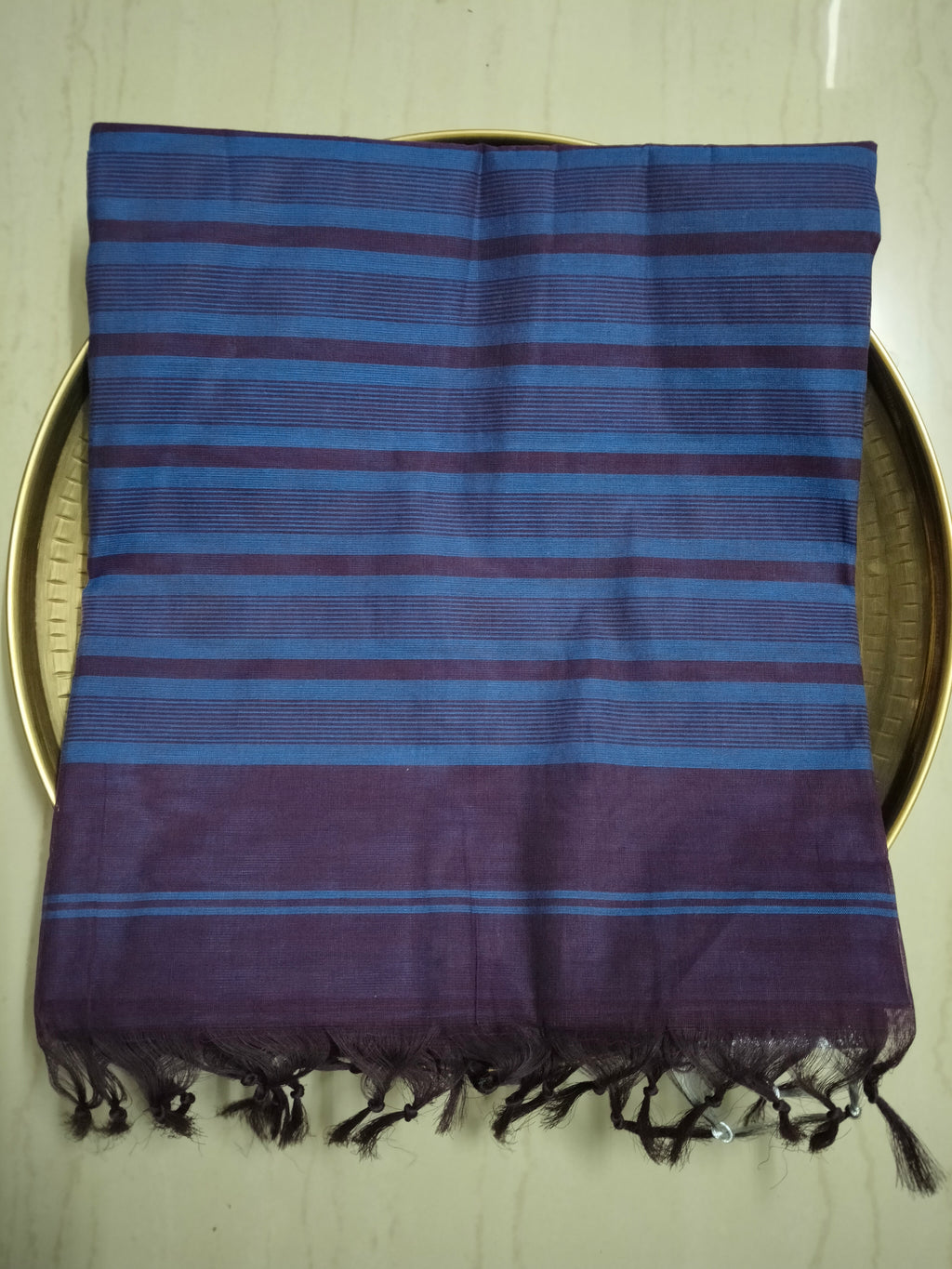 Blue cotton saree with Maroon stripes pattern and silver zari