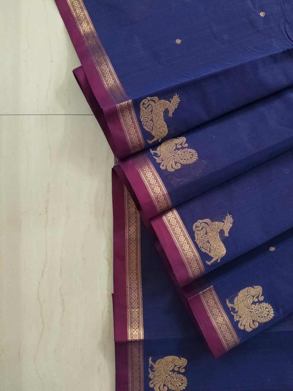 Blue golden zari cotton saree with small buttas & grand pallu