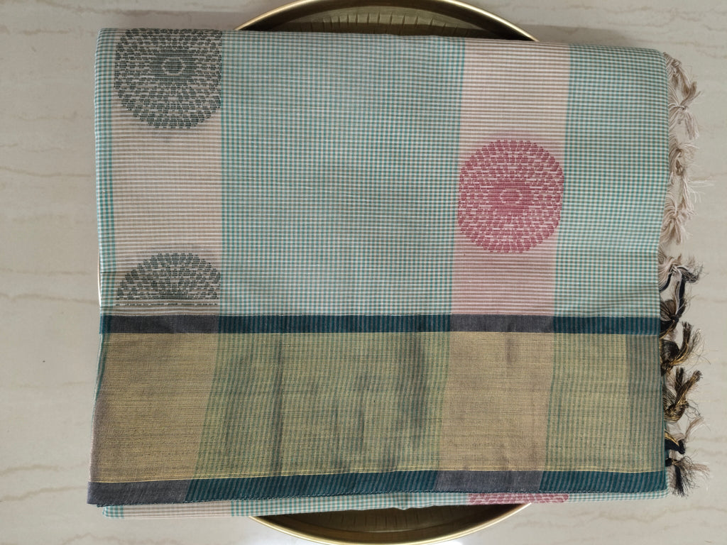 Green podi kattam & bisque beige cotton saree with zari border