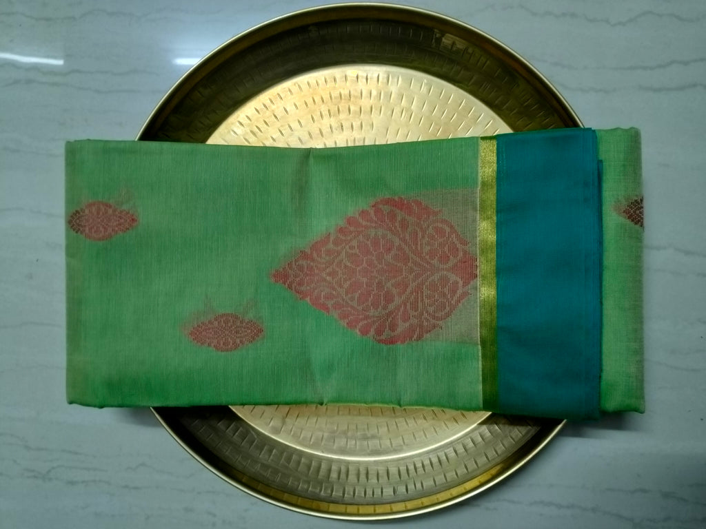Light green dual tone cotton saree with thread buttas