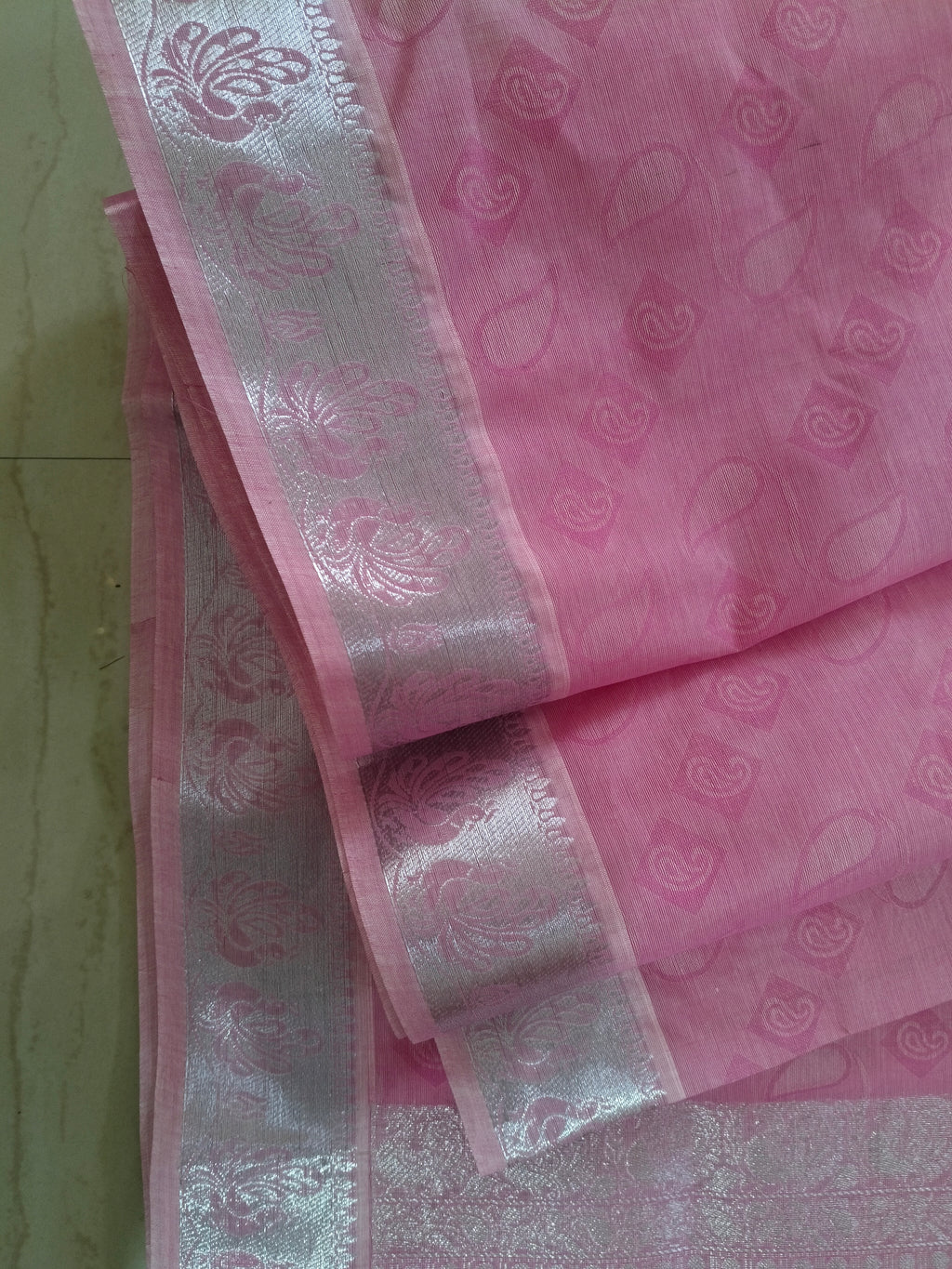 Pink embossed cotton saree silver border and silver pallu